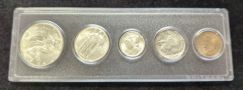 1946 Walking Liberty Half Dollar, 1930 Standing Liberty Quarter, 1945 Mercury Dime, 1936 Buffalo Nickel, And 1906 Indian Head Penny, In Display
