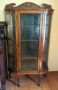 Vintage 5 Shelf Wood Locking Curio Cabinet On Casters With Curved Glass, And Key, 66
