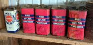 Wards 2 Gallon Metal Oil Cans, Qty 5, Ovson Egg Company Cans, Qty 4, Maytag Motor Oil Can And More