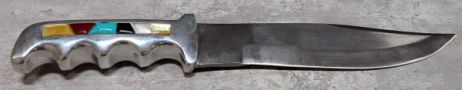 Fixed Blade Knife With Trailing Point Tip And Southwest Style Stones In Handle, 7.5