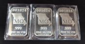 Silver Bars, Qty 3, Each 1 Troy Ounce .999 Fine Silver, Stamped MO U.S. State Silver Bar
