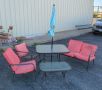 Patio Set With Love Seat, Arm Chairs (2), Glass Top Table With Umbrella, And Glass Top Side Table
