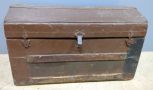 Antique Arched Top Wood Trunk With Leather Handles, Tin Overlay, And Wood Bumpers, 17