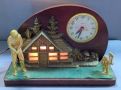 1940s-50s United Clock Corp Shelf Clock With Night Light, Golfer, Caddy, And Clubhouse Are Cast Metal, Powers On, 8.25